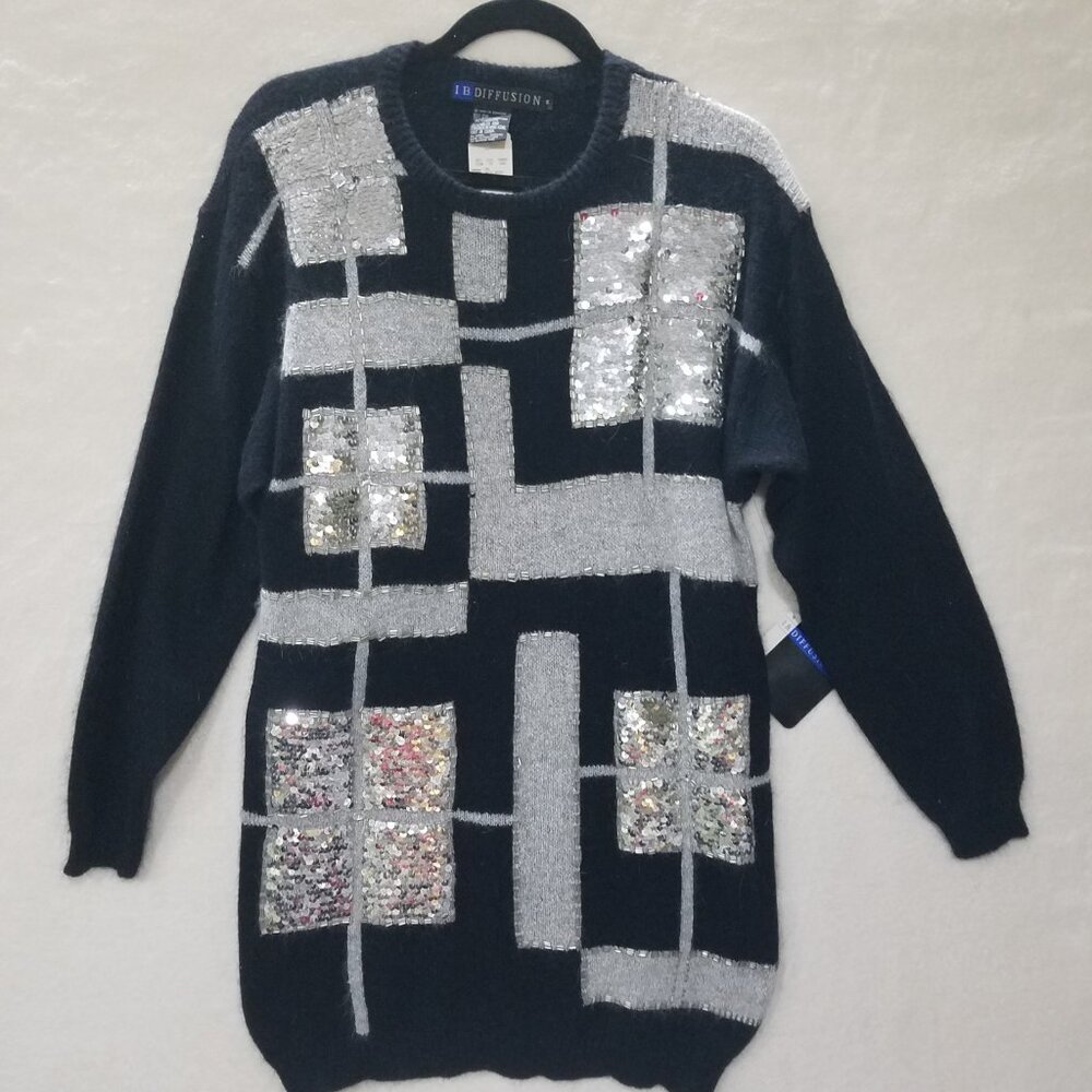 IB Diffusion Womens M Black Silvers Silk Sweater Sequins Beaded‎ Front NWT Vntg